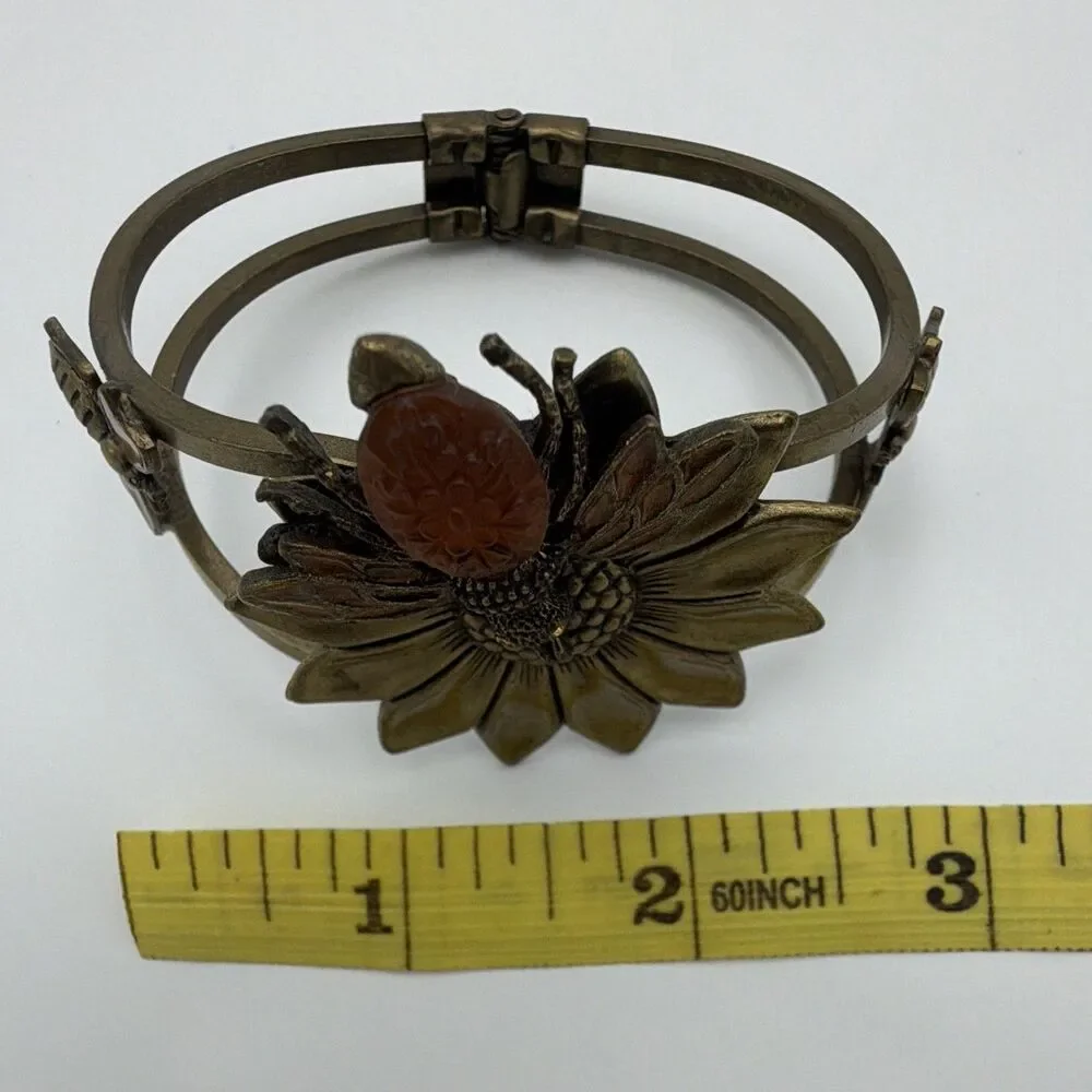 Bronze Tone Flower Bee Hinged Cuff Bracelet Metal